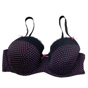 Adore Me Bra 44D Black Pink Polka Dot Lace Molded Underwire Adjustable Pink Bow